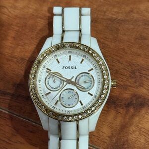 Fossil Stella White Chronograph Ladies Watch; Needs Battery; Read Description